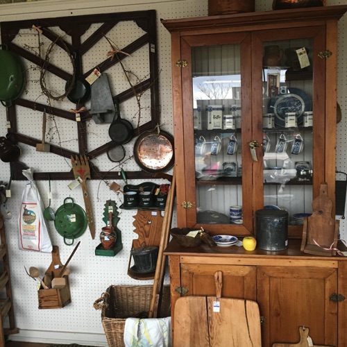 Enamelware, Primitive Candle Shelves, Cup Rack and Pine Hutch
